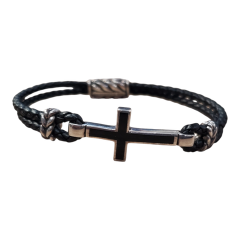 David Yurman Exotic Stone Cross Station Leather Bracelet with Black Onyx 8"