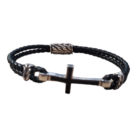 David Yurman Exotic Stone Cross Station Leather Bracelet with Black Onyx 8"