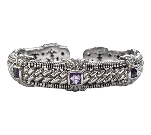 JUDITH RIPKA 925 CZ Cable Hinged Bangle Cuff w/3-Amethyst Accents*