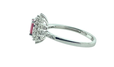 14KT White Gold Diamond & Natural Ruby Double Halo Style Engagement Ring Size 9