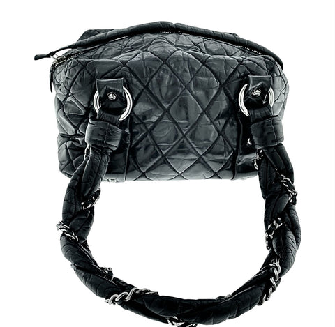 CHANEL BLACK QUILTED DISTRESSED LEATHER LADY BRAID SMALL TOTE BAG