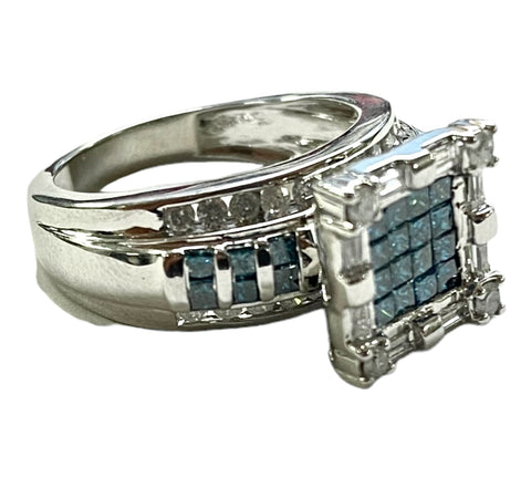 10KT White Gold White & Blue Diamond Wide Band Statment Ring Size 10