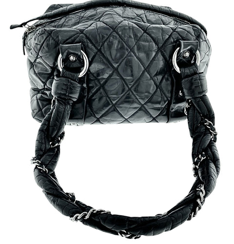 CHANEL BLACK QUILTED DISTRESSED LEATHER LADY BRAID SMALL TOTE BAG