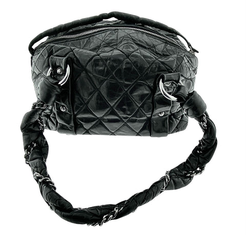 CHANEL BLACK QUILTED DISTRESSED LEATHER LADY BRAID SMALL TOTE BAG