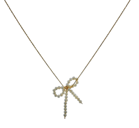 14K Yellow Gold Chain with Seed Pearl Ribbon Pendant - 0.5g