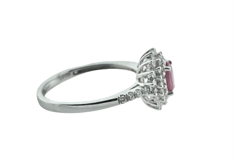 14KT White Gold Diamond & Natural Ruby Double Halo Style Engagement Ring Size 9