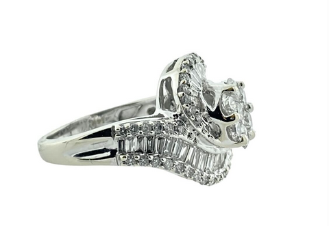 14K White Gold 1.67cttw. Round Baguette Cut Diamond Bypass Style Engagement Ring