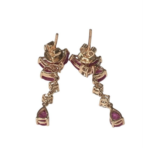 14K Yellow Gold Diamond & Natural Pink Sapphire Drop Dangle Earrings