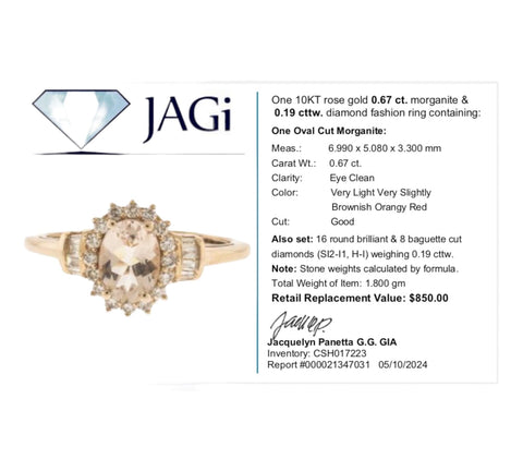 10K Rose Gold Morganite & Diamond Lady's Gold Ring Size: 5.5