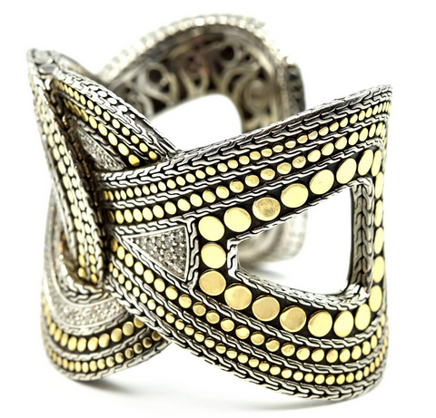 John Hardy Sterling Silver and 18k Yellow Gold Diamond Weaved Dot Cuff Bracelet