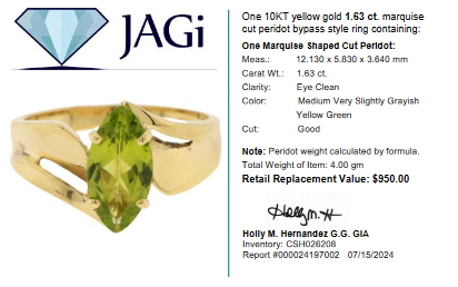 10KT Yellow Gold 1.63 ct Marquise Cut Peridot Bypass Style Ring Size 7