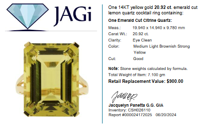 14KT Yellow Gold 20.92 ct Emerald Cut Lemon Quartz Cocktail Ring Size 7