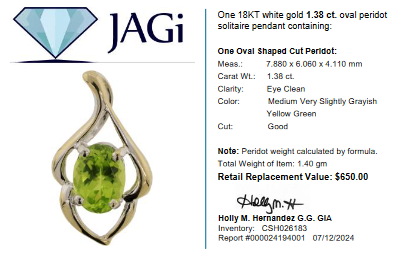 18KT White Gold 1.38 ct Oval Peridot Solitaire Pendant