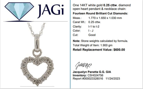 14K White Gold Diamonds Heart Pendant W/ Chain