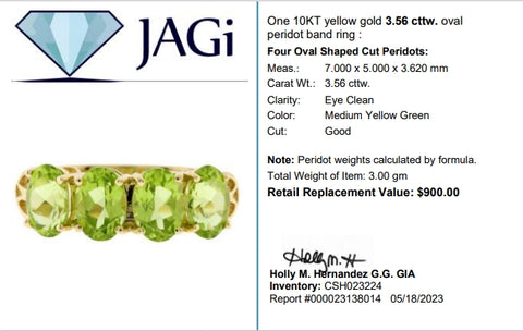 10K Yellow Gold Peridot 3.56Ctw 3G Ring Size 7