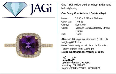 14K Yellow Gold Amethyst & Diamond Halo Ring