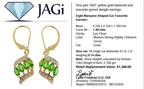 10KT Yellow Gold Diamond and Tsavorite Garnet Dangle Earrings