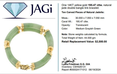 14K Yellow Gold Natural Jade Double Bangle Link Bracelet