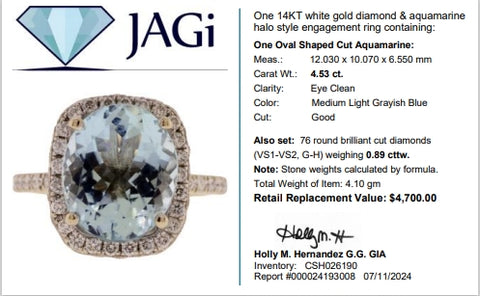 14Kt White Gold Diamond & Aquamarine Halo Style Engagement Ring