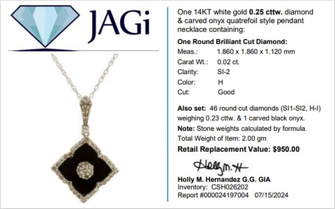 14Kt White Gold Diamond & Carved Onyx Quatrefoil Style Pendant W/ Necklace