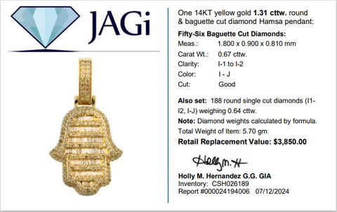 14Kt Yellow Gold Round & Baguette Cut Diamond Hamsa Pendant