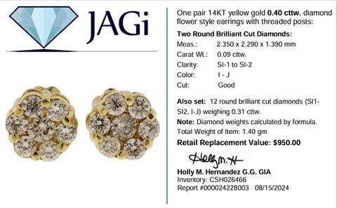 14K Yellow Gold Diamond Flower Stud Earrings With Threaded Posts