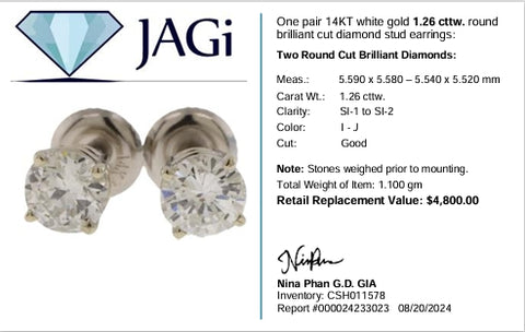 14K White Gold Round Brilliant Cut Diamond Stud Earrings