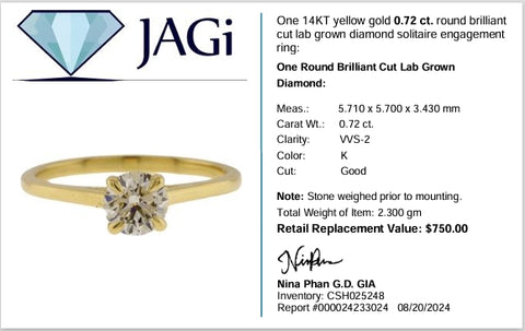 14K Yellow Gold Round Brilliant Cut Lab-grown Diamond Solitaire Engagement Ring