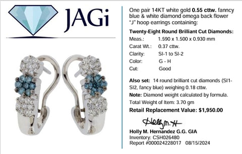 14K White Gold Fancy Blue & White Diamond Omega Back Flower “J” Hoop Earrings