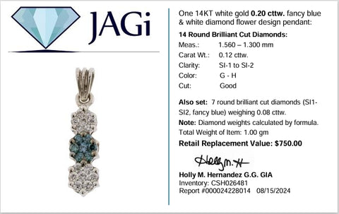 14K White Gold Fancy Blue & White Diamond Flower Pendant