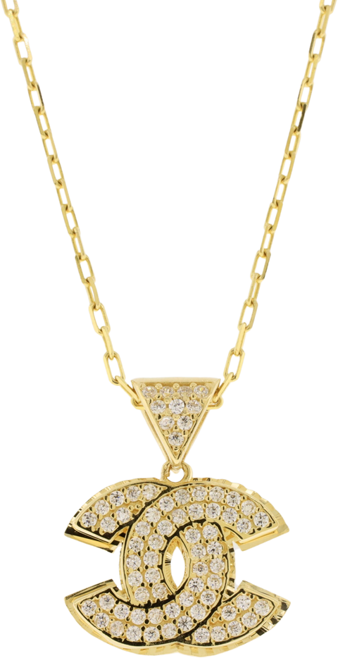 14K Yellow Gold CZ "CC" Pendant & Chain