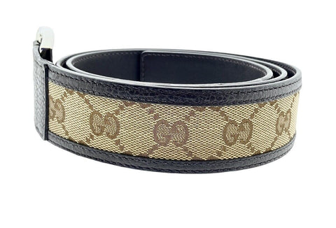 Gucci Belt Women 90 Brown Canvas Leather Double GG Logo Print Silver Buckle
