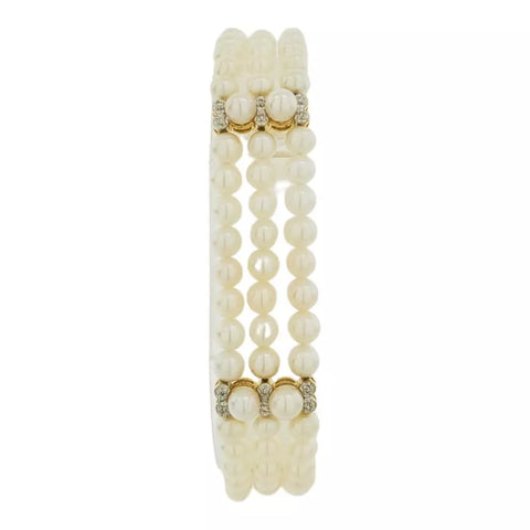 14K Yellow Gold Cultured Akoya Pearl and Diamond Three Row Bracelet 14.2g