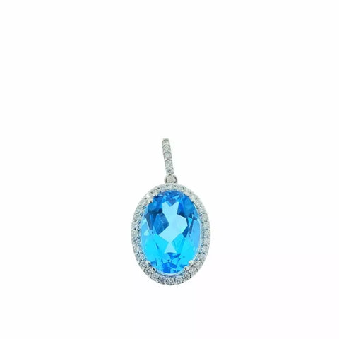 14K White Gold Blue Topaz & 40 Diamonds Halo Drop Dangle Pendent .75 Carat T.W. 4.40Gm