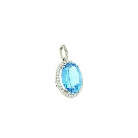 14K White Gold Blue Topaz & 40 Diamonds Halo Drop Dangle Pendent .75 Carat T.W. 4.40Gm