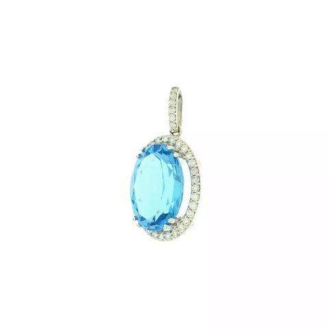 14K White Gold Blue Topaz & 40 Diamonds Halo Drop Dangle Pendent .75 Carat T.W. 4.40Gm