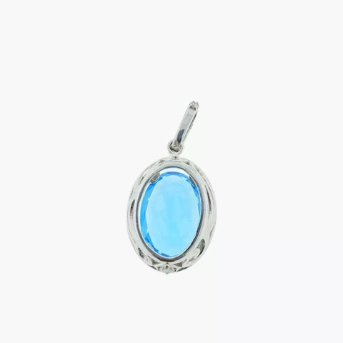 14K White Gold Blue Topaz & 40 Diamonds Halo Drop Dangle Pendent .75 Carat T.W. 4.40Gm