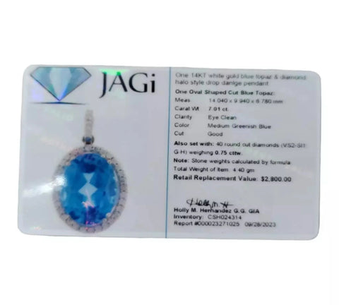 14K White Gold Blue Topaz & 40 Diamonds Halo Drop Dangle Pendent .75 Carat T.W. 4.40Gm