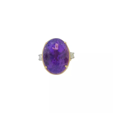 14K Yellow Gold Oval Amethyst & Diamond Cathedral Style Fashion Ring Size 4.5