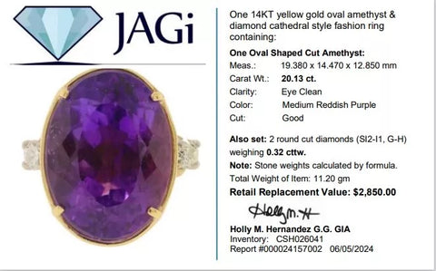 14K Yellow Gold Oval Amethyst & Diamond Cathedral Style Fashion Ring Size 4.5