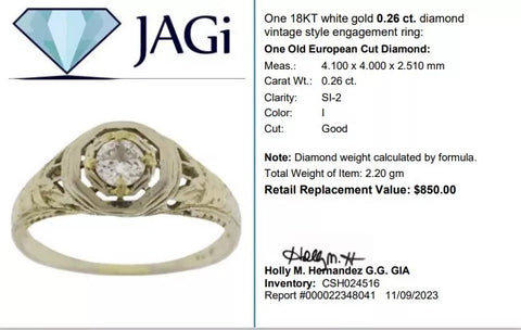 Diamond Solitaire Ring .26 CT. 18K White Gold 2.2g Size 6