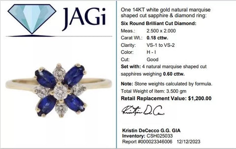 14K White Gold Marquise Cut Sapphires and Diamonds 2.6G Ring Size 6