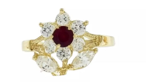 14K Yellow Gold Flower Ring With 6 Round Cut  & Red Stone Cubic Zirconia Size 10