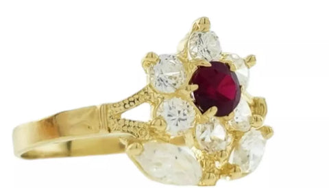 14K Yellow Gold Flower Ring With 6 Round Cut  & Red Stone Cubic Zirconia Size 10