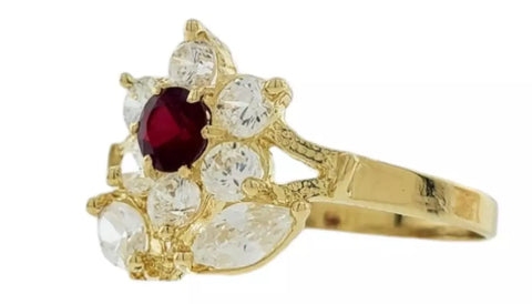 14K Yellow Gold Flower Ring With 6 Round Cut  & Red Stone Cubic Zirconia Size 10