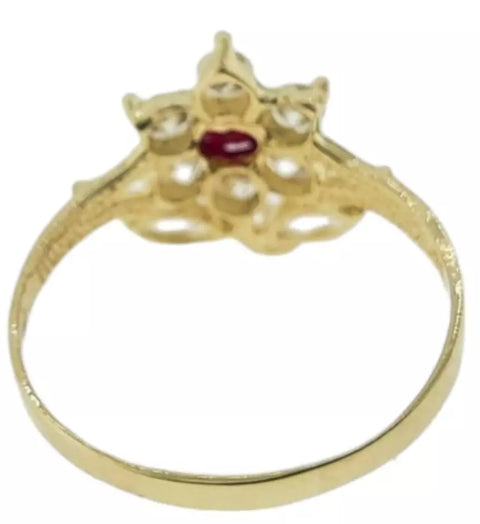 14K Yellow Gold Flower Ring With 6 Round Cut  & Red Stone Cubic Zirconia Size 10