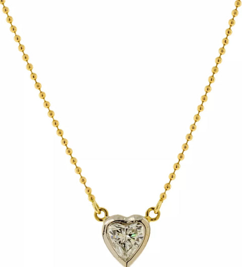 14K Yellow & White Gold Bezel Set Heart Shaped Diamond Beaded Necklace