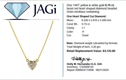 14K Yellow & White Gold Bezel Set Heart Shaped Diamond Beaded Necklace