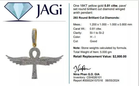 18Kt Yellow Gold 0.81 Cttw. Pavé Diamond Winged Ankh Pendant