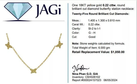 18Kt Yellow Gold 0.22 Cttw.  Butterfly Station Necklace .220 Carat